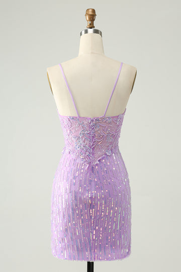 Sparkly Lilac Sequins Bodycon Mini Homecoming Dress with Slit